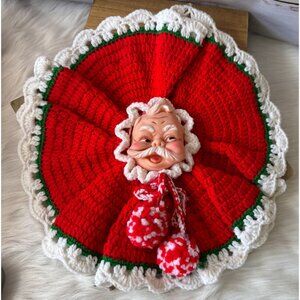 VTG Handmade Rubber Santa Face Wall Hanging with Red, White, Green Crochet
